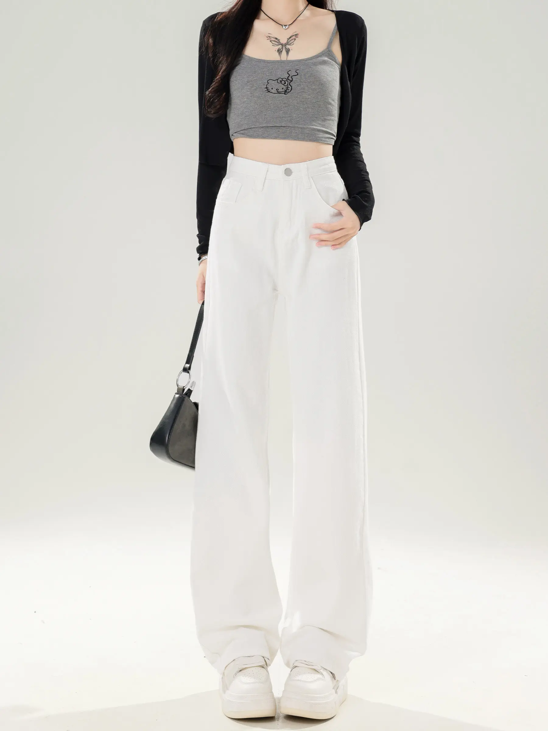 White Casual Thin Straight Leg Jeans Women's Summer New High Waist Drape Wide Leg Loose Slimming Pants Cotton Polyester Blend