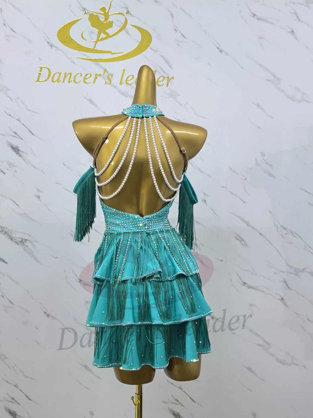 

Латинская танцовщица для взрослых и детей, элитное платье для выступлений с зеленой кисточкой и жемчужной цепочкой, танго, самба, AB, каменное платье