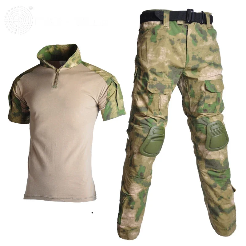 Uniforme tattica tuta da trekking da uomo camicia estiva a maniche corte + pantaloni ginocchiere Camouflage softair Paintball abbigliamento da caccia