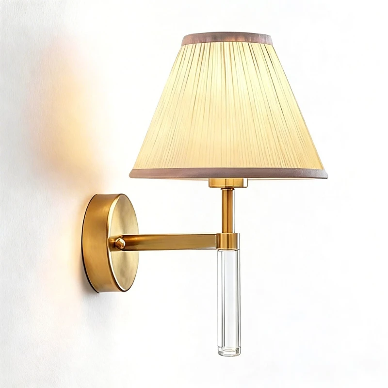 

American Luxury All Copper LED Wall Lamp Minimalist Fabric Lampshade Living Room Hallway Aisle Study Retro Wall Sconces Lighting