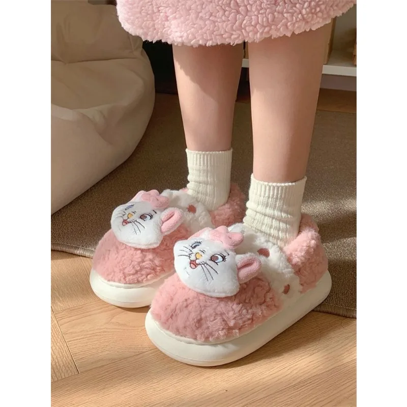 Disney Marie winter cartoon splicing plush non-slip wear-resistant flat bottom half-packed full-covered home cotton slippers