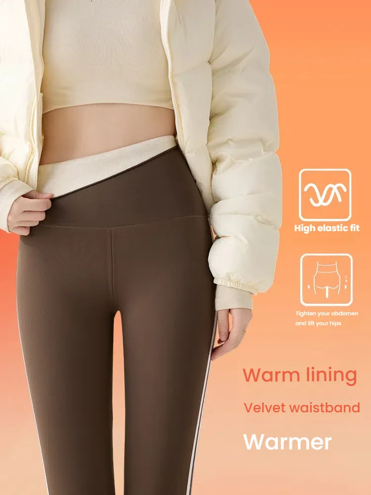 Damen-Thermo-Leggings mit hoher Taille, Fleece-gefüttert, Bauchkontrolle, Yoga-Hose, Seitenstreifen, dick, warm, Winterhose für Damen