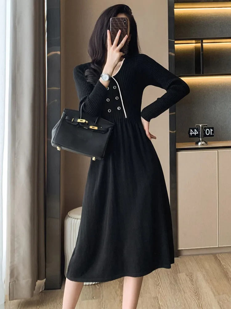 Vintage Black Patchwork Long Elegant dresses For Women Fall Winter V-neck Double-breasted Sweater Dresses for Formal Occasions