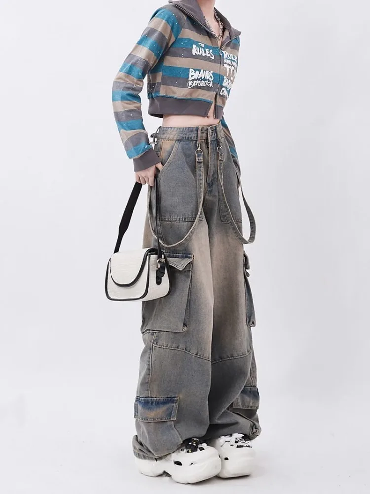 QWEEK Y2k Women's Denim Baggy Pants with Pockets Straight Trousers Washing Distressed Cargo Denim Retro Grunge Korean Fashion