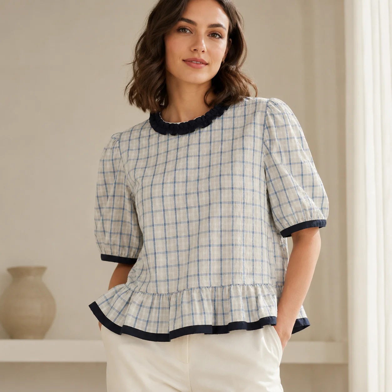 EOENKKY Women Blue Plaid Ruffle Neck Blouse Puff Sleeve Peplum Top Loose Fit Cotton Summer Shirt
