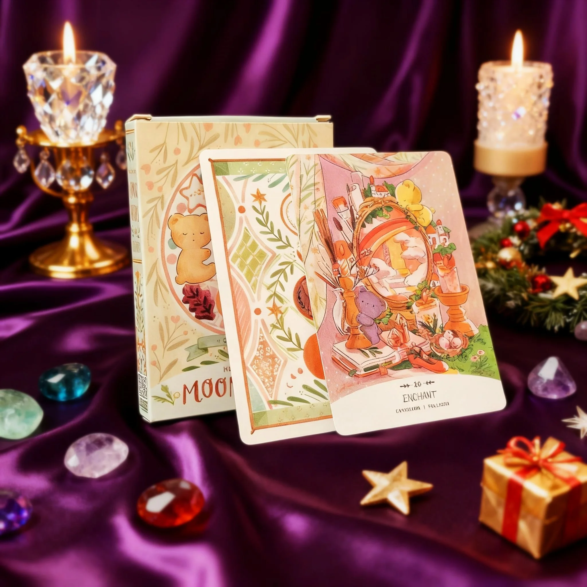 Cotolie KUMACHAN MOON CARDS 24-teiliges Deck, englische Version, entzückendes Bären-Orakelkarten-Brettspiel für Familienfeier, 10,4 x 7,4 cm