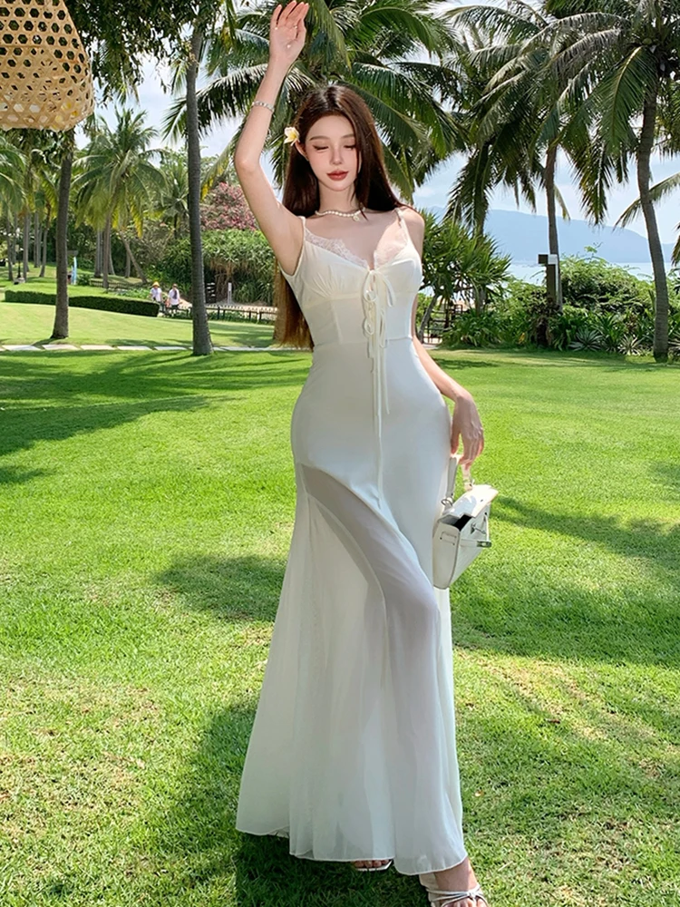Women Korean Elegant Casual Holiday Dress Summer White Chic Bow Lace Sqaure Collar Sling Dress 2025 New Fashion Bodycon Dresses