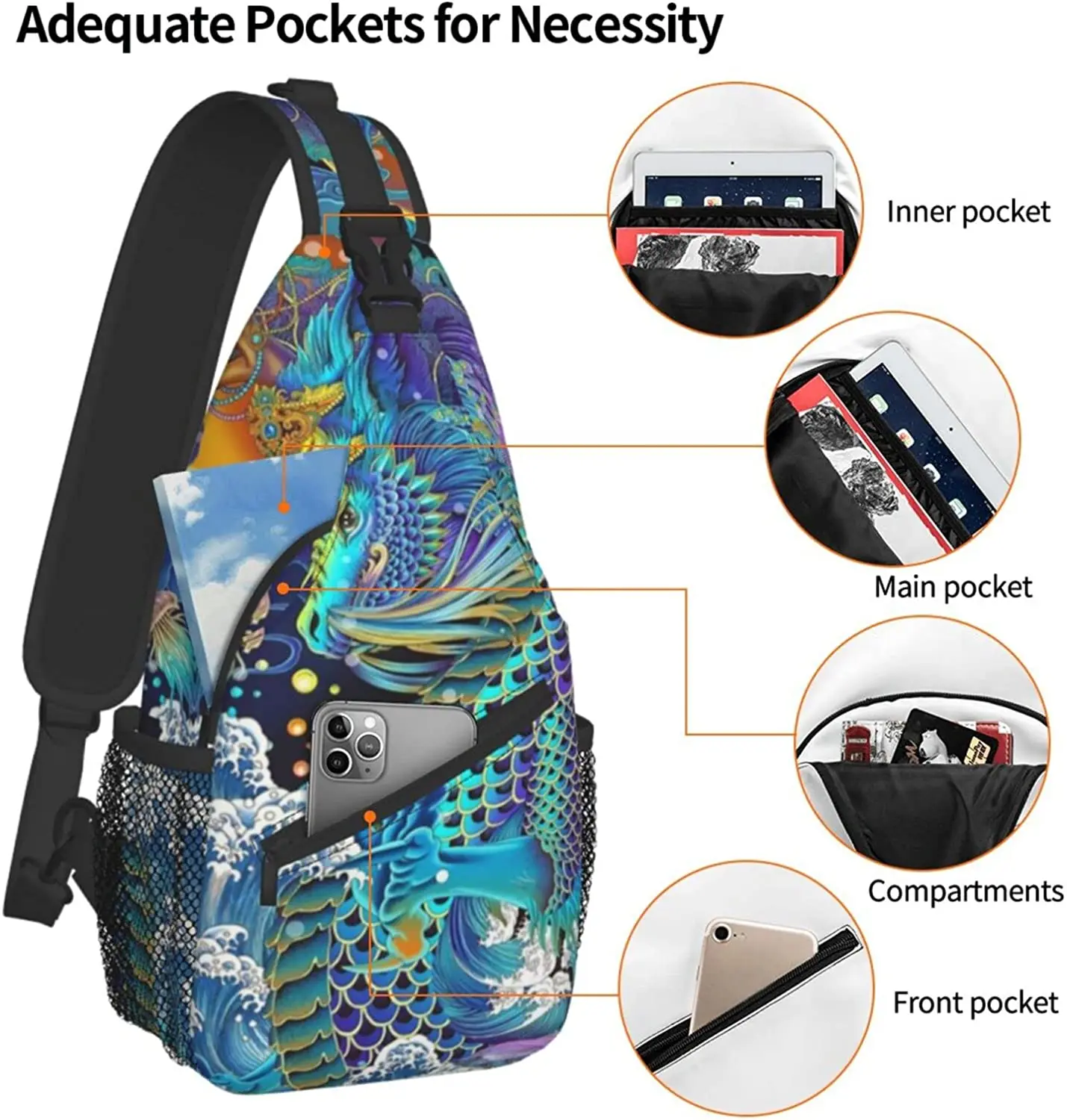 Dragon Animal Large Capacity Crossbody Sling Bag With Adjustable Shoulder Strap Backpack For Hiking Travel Sport Climbing