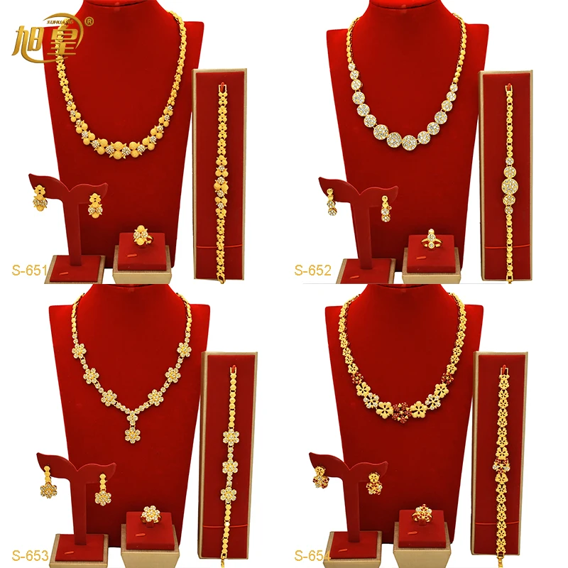 

XUHUANG Dubai Bridal 24k Gold Plated Flower Crystal Necklace Sets for Grils Ethiopian Wedding Indian Party Jewelry Gifts