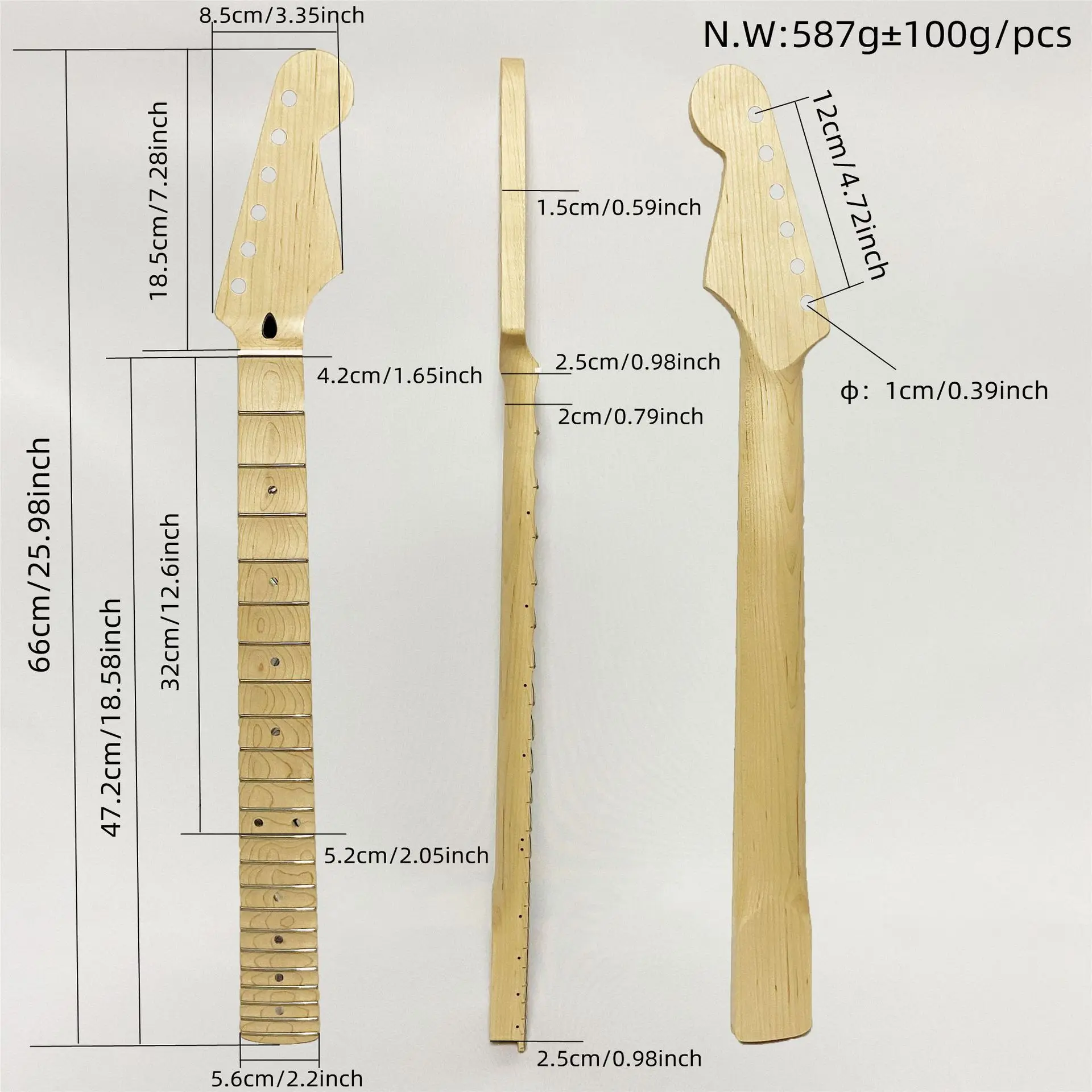 Electric Guitar Neck, Maple Wood, ST Style, Wavy Pattern, Natural Color No Center Stripe, Replacement Part
