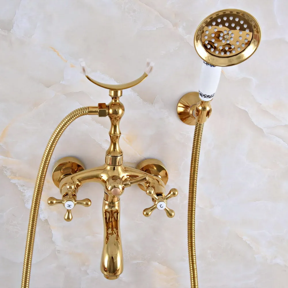 Luxury Gold Color Brass Wall Mounted Bathroom Bath Tub Faucet Set with 1500MM Hand Held Shower Spray Mixer Tap 2na945