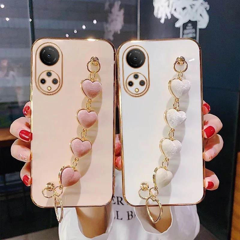 

Case For Huawei Honor 90 80 70 20Lite 50 10i9XPro X7 X7A X8 X8A X9 X9A Y7A Y9S Love Heart Plush Wrist Chain Luxury Plating Cover