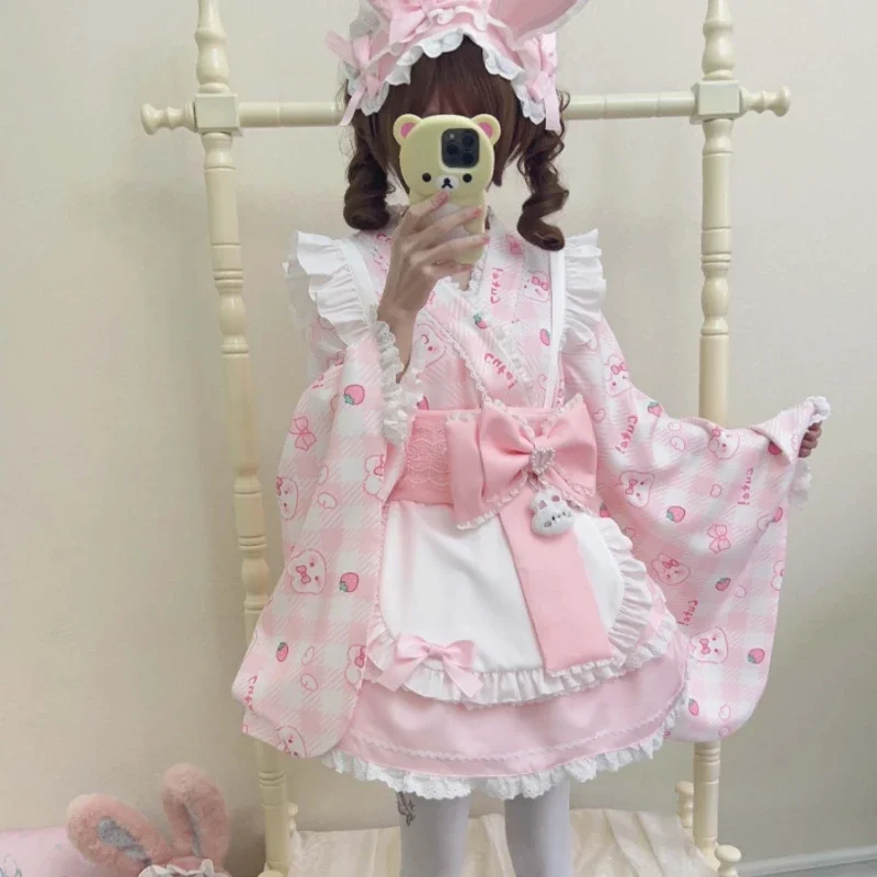 اليابانية Kawaii لوليتا نمط فستان الحلو لطيف الأرنب الفراولة طباعة القوس فساتين حفلات للأميرات الوردي المرأة لوليتا خادمة فستان مجموعة