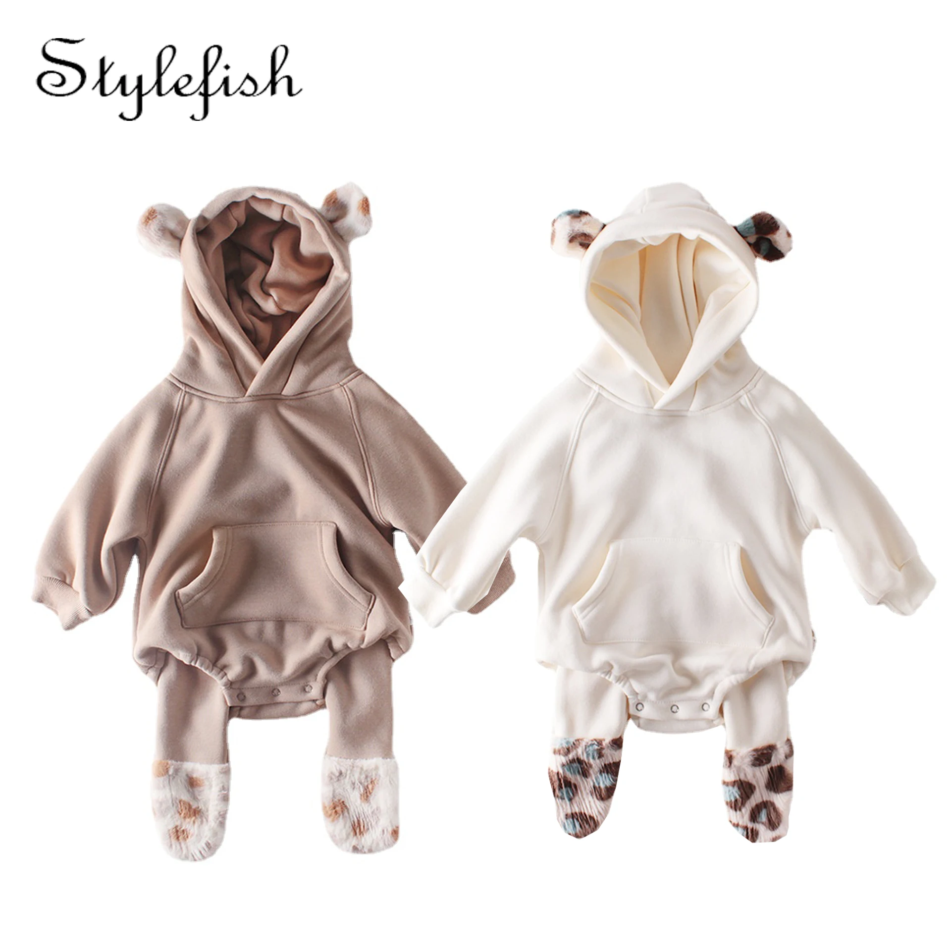 

Ins 2020 winter plush ears newborn baby clothes baby hooded connects body ha climb clothes and hair thickening