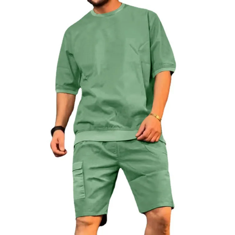 Mens Summer Cargo Sports Set  Cross Border Multi Pocket Five Point Shorts with Trendy Casual Short Sleeve Stylish Mens Two Piece