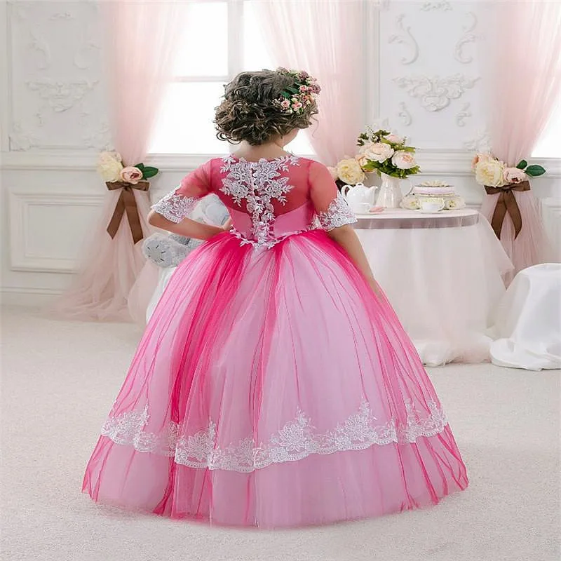 

Short Sleeves Fluffy Appliqué Flower Girls Dresses Birthday For Wedding First Communion Party Prom Princess Gown Pageant Dresses