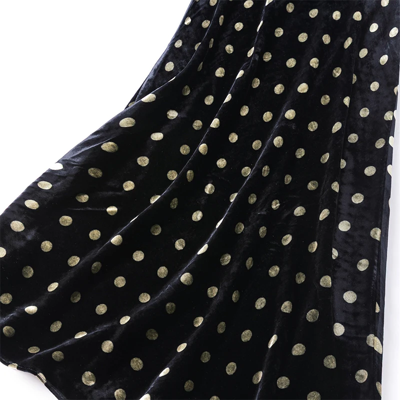 100% Mulberry Silk Lining Women Velvet Silk Midi Skirt Vintage Black Color Dots Printed Elastic Waist Chic Skirts Autumn M1787