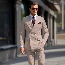 Beige men's 2-piece suit fashionable double-breasted blazer wedding prom birthaday evening party meeting formal tailored tuxedo