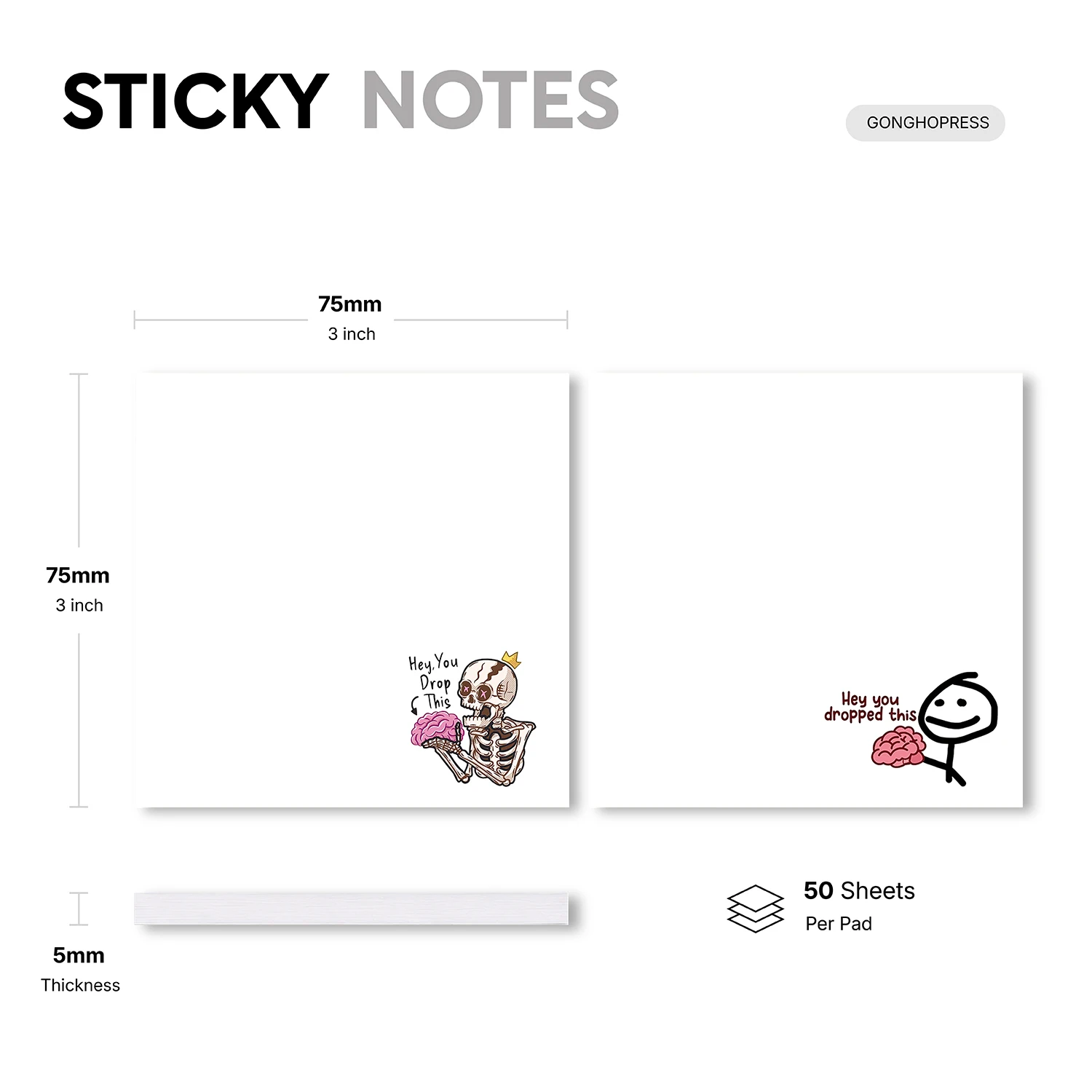 2PCS Funny Skeleton Brain Self Adhesive Sticky Notes 100 Sheets Dropped This Humor Memo Pads Gothic Office Stationery