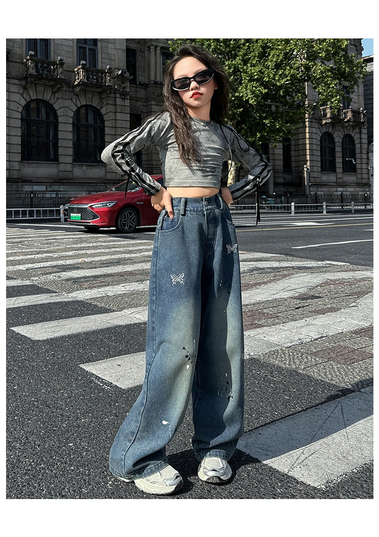 Neue Kinder-Modejeans mit Schmetterlingen für Mädchen, Stylische Gerade Denim-Hosen, Kinder-Teenager-Jeans im Loose-Stil – Detail 6
