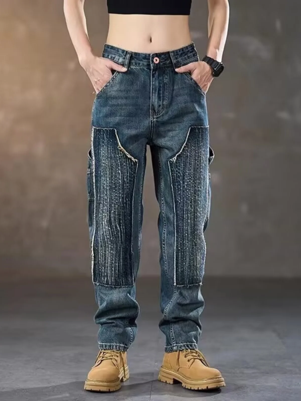 

Весенне-осеннее Новое поступление, мужские повседневные джинсы, маленькие прямые брюки, лоскутная рабочая одежда с вышивкой, классический синий джинсовый одяг