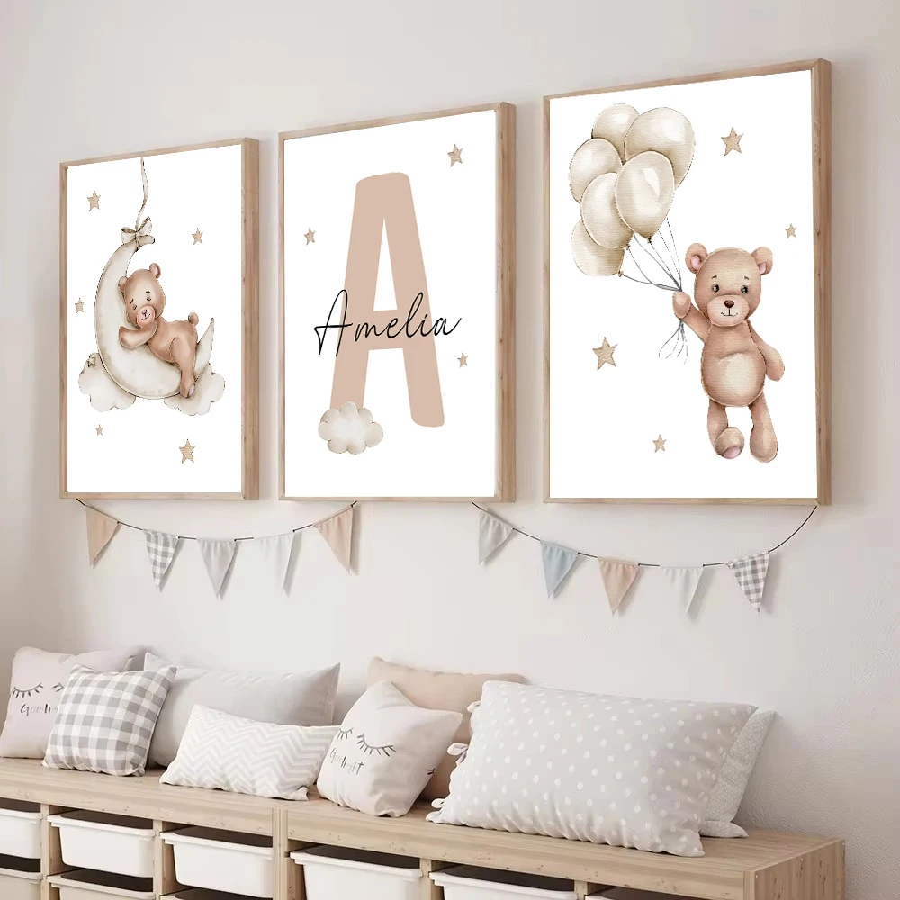 3pcs/set Customized Baby Personalized Name Cartoon Bear Canvas Print Animal Nursery Wall Poster for Children's Room Home Decor image 3