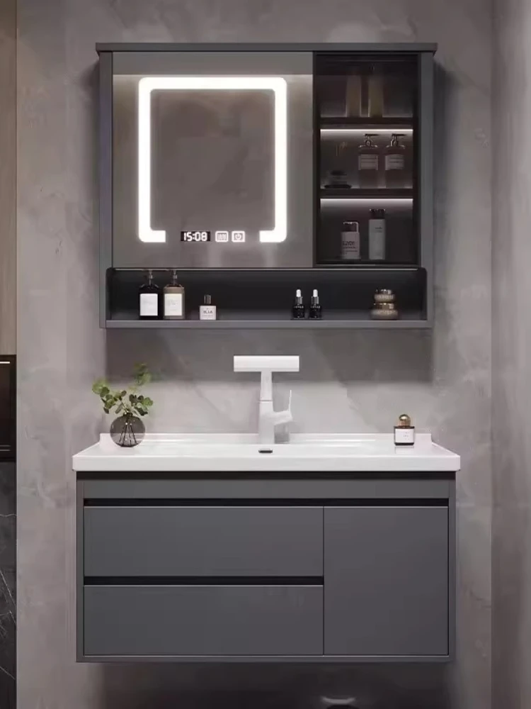 

Gray oak paint bathroom cabinet ceramic integrated basin hand wash face storage cabinet toilet washstand