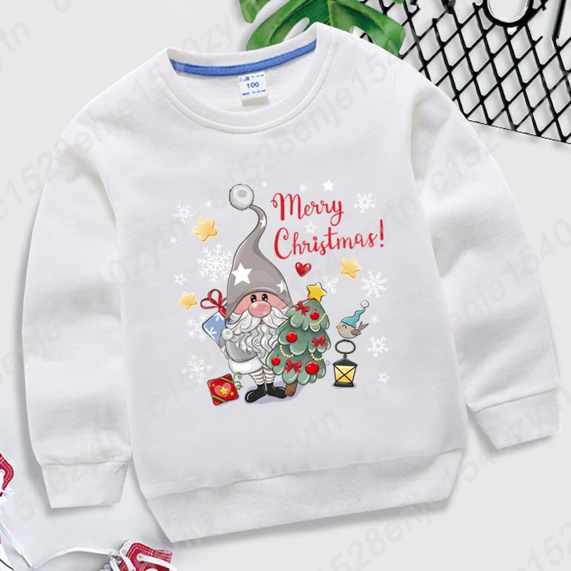 Gnome Merry Christmas Print Round Neck Sweatshirt Casual Children Hoodeless Sweatshirt Solid Color Boys Girls Kids Pullover Tops