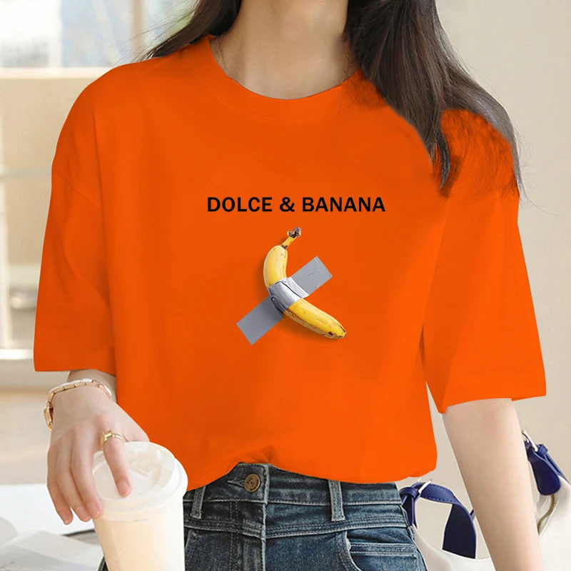 Dolce Banana Print Y2k T-shirt For Women\'s Summer Oversized Ladies Short Sleeved Tees Clothing Loose Pure 100% Cotton Soft Tops