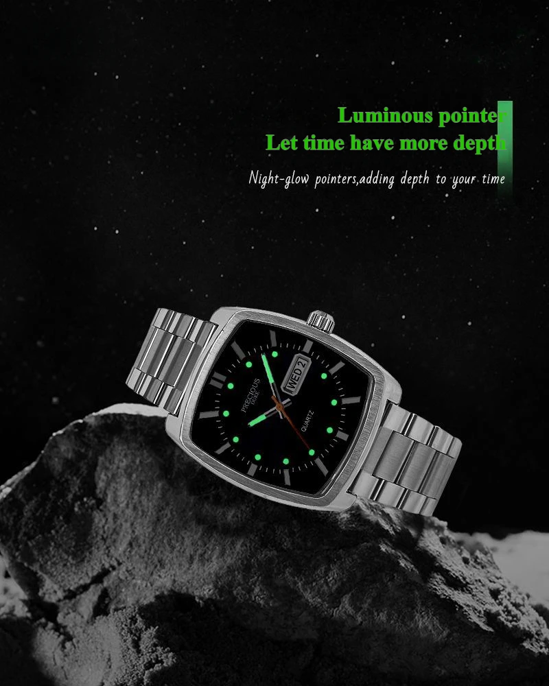 Men's Luxury Brand Tonneau Watch Classic Luminous Calendar Waterproof Steel Strap Quartz Watch for Men Relogio Masculino
