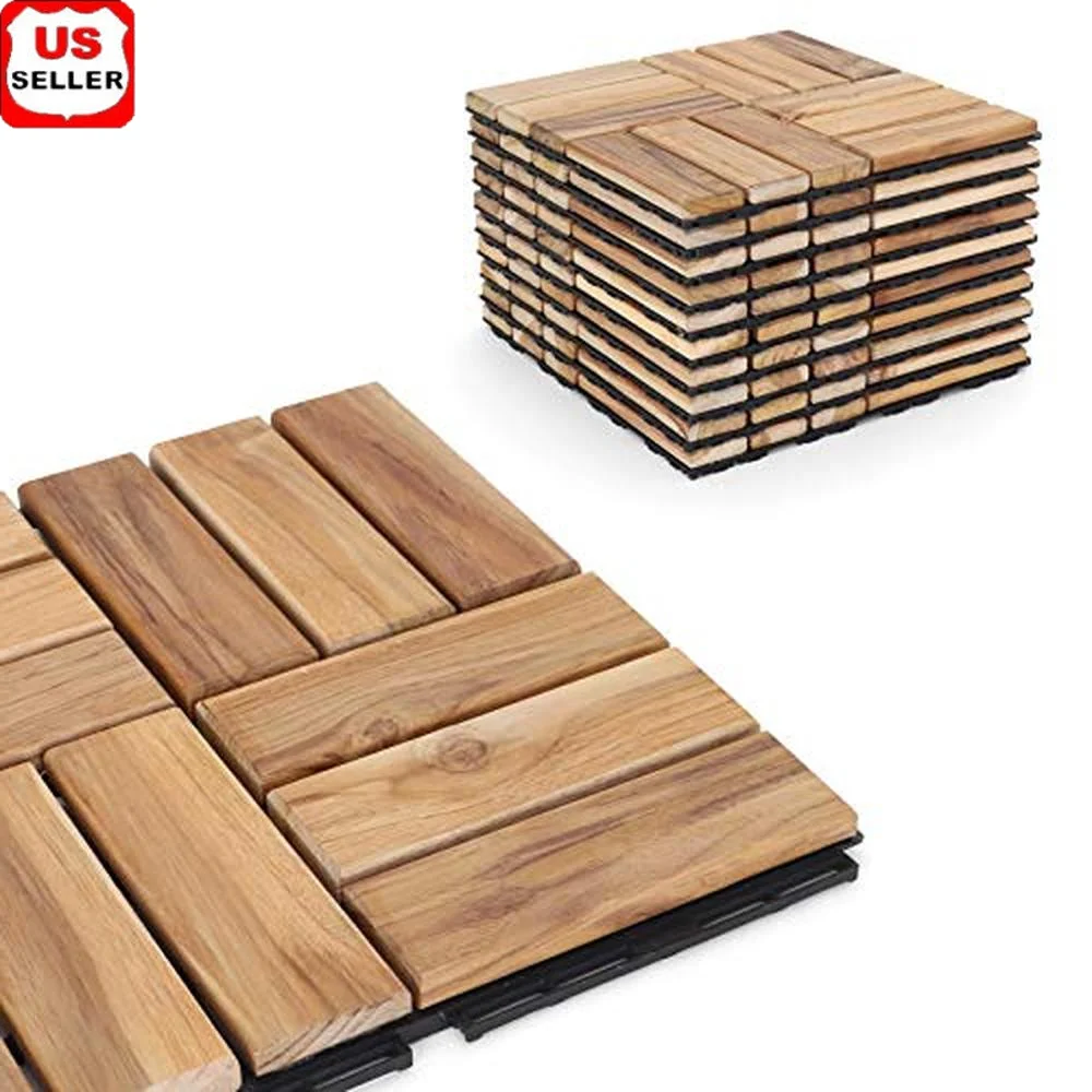 Teak Wood Interlocking Deck Tiles Outdoor Flooring Snap Lock Easy Install 12x12 Pavers 10 Pack Non Slip Durable Patio Flooring