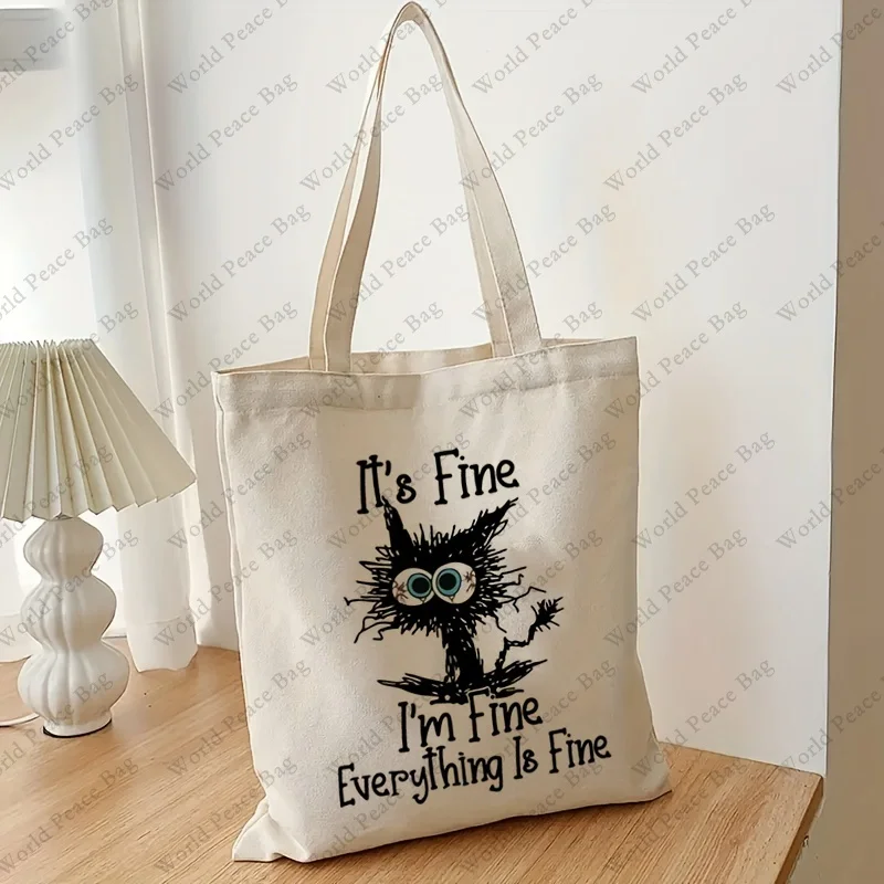 Im Fine Everything is fine Cartoon Funny Cat Tote Bag, Lightweight Canvas Shoulder Bag, Versatile Handbag reusable shopping bag