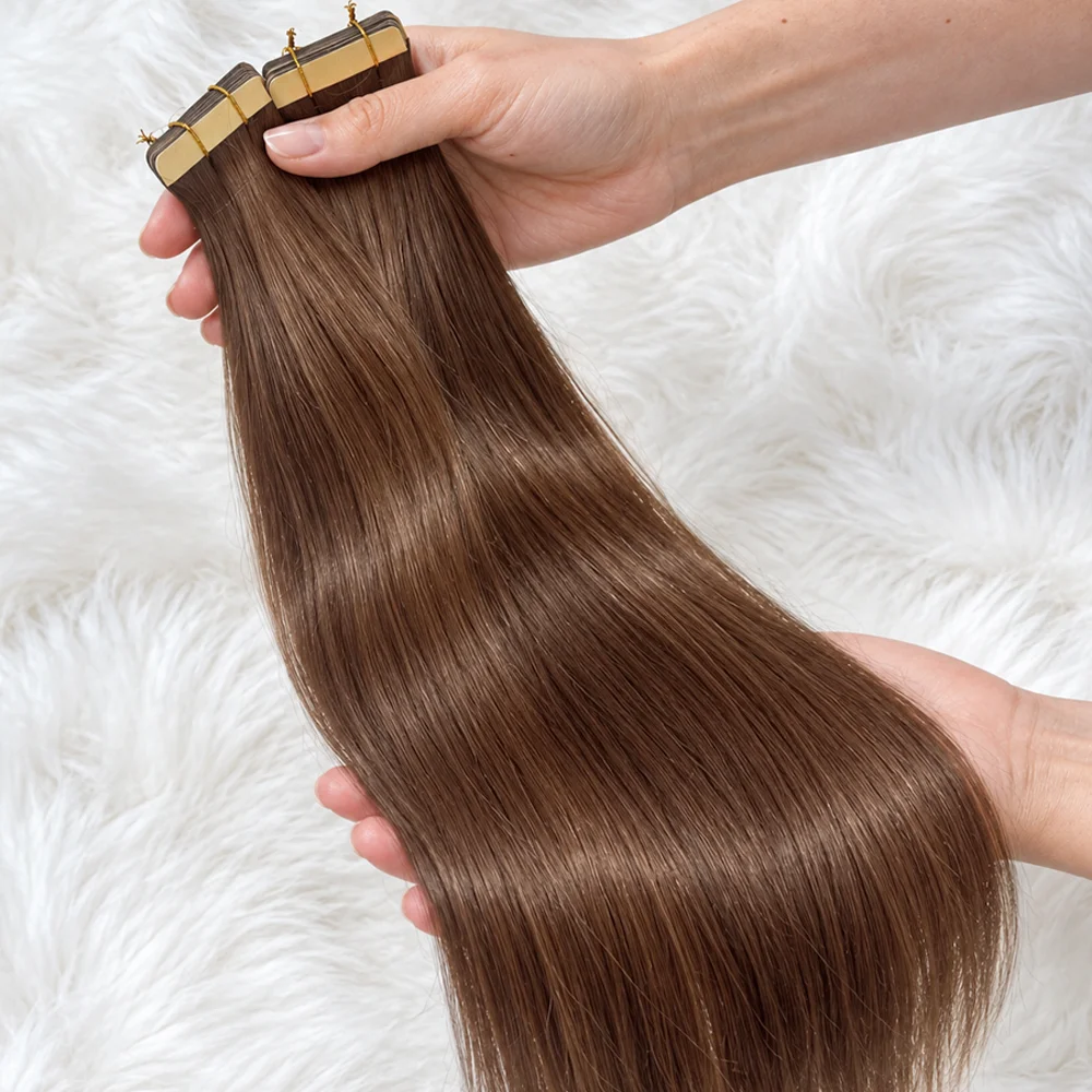 22 24 INCH Tape in Hair Extensions 100% Human Hair Straight #4A Brown Virgin Remy Hair Extensions 21pcs 50g Pack Invisible Skin Weft 18 20 22 Inch