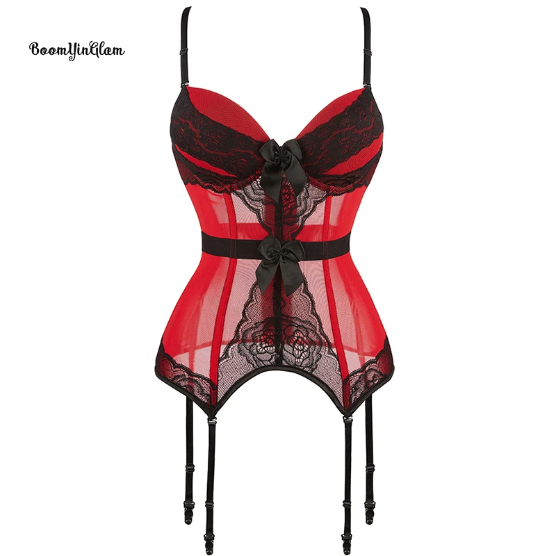 

8 Fish Boned Spaghetti Strap Red Mesh Corset Bustier Top For Women Plus Size Underwear Corselet With Padded Bra