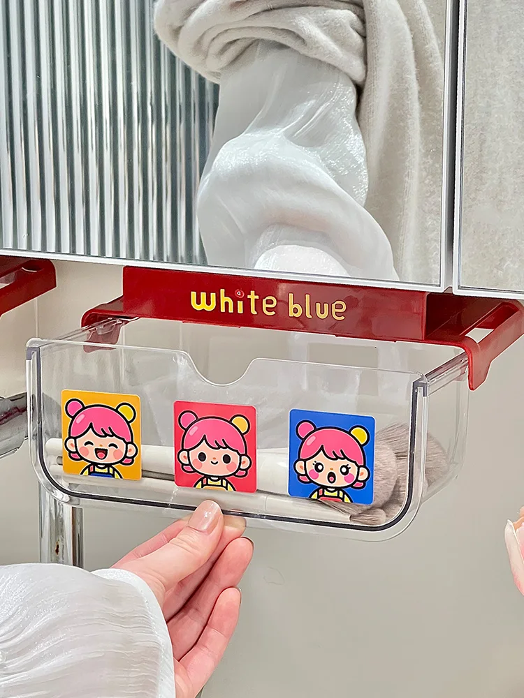 透明な引き出し式収納ボックス、トイレ用化粧品オーガナイザー、シルバートーンのミラーキャビネット、美容ツール用収納ソリューション