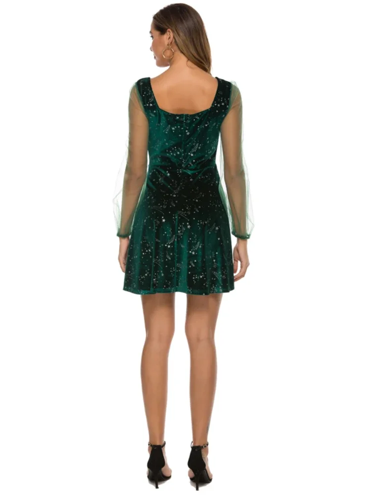 2023 Spring Green Velvet Mini Dress with Sheer Sleeve for Women A Line Christmas Dress Girls Party 2023 Spring Green Velvet Mini Dress with Sheer Sleeve for Women A Line Christmas Dress Girls Party