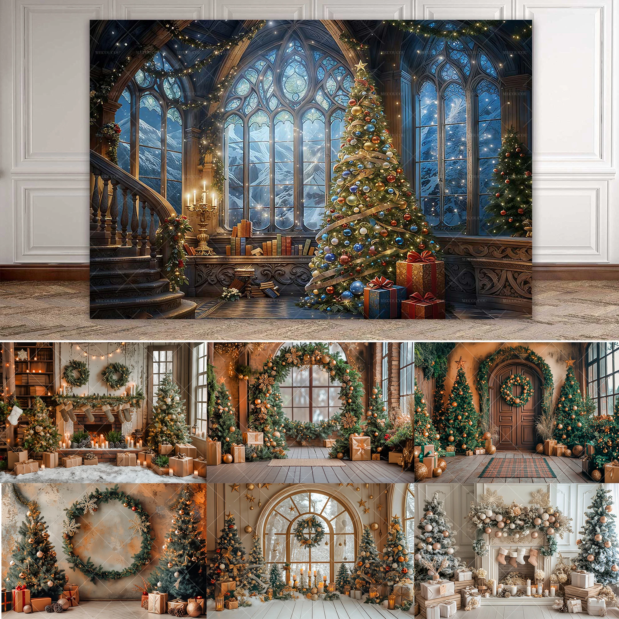 

Winter Christmas Photography Background Custom Pine Tree Garland Fireplace 2026 New Year Backdrop Kid Family Party Decor Poster