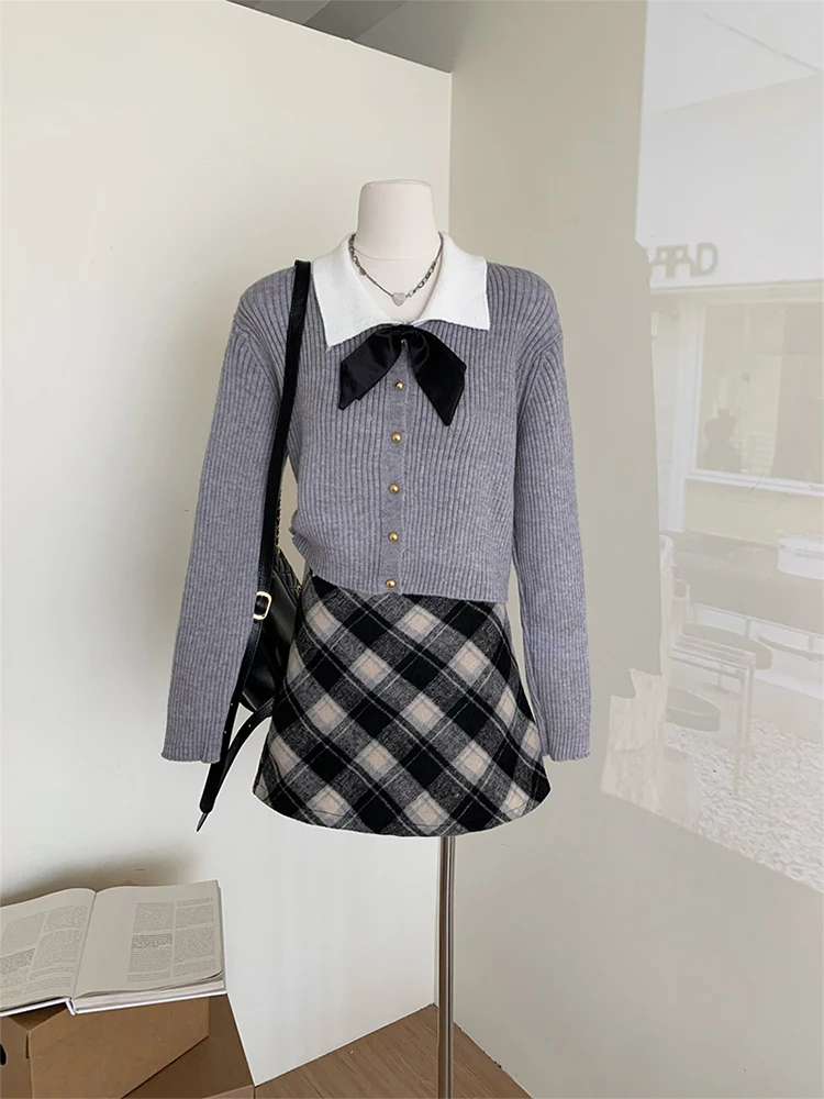 Preppy Style Outfits 2 Piece Skirt Set Japanese Fashion Bow Sweater + Plaid A-Line Skirt 90s Gyaru Coquette Korean Elegant Y2k