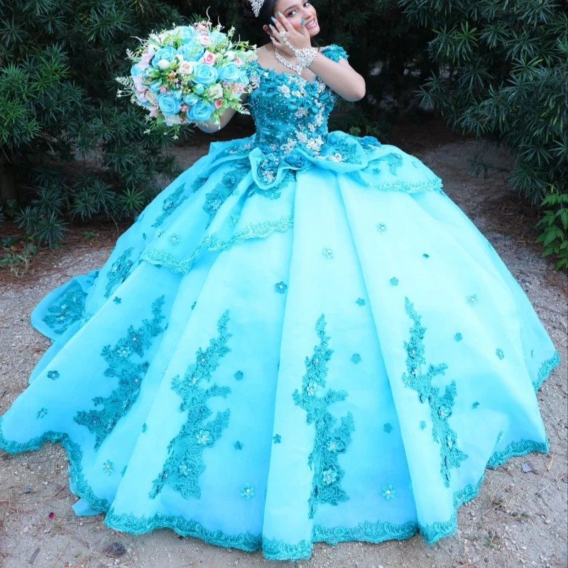

Blue Shiny Quinceanera Dresses Off The Shoulder Applique Lace Beading Crystal Tull Party Birthday Sweet 16 Dress Vestidos 15 De