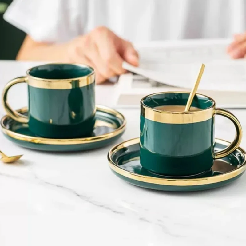 Green Coffee Cup Set with Spoon, Dim Sum Dish, Afternoon Tea, Black Tea Cup, Handle Mug, Household Tea Set