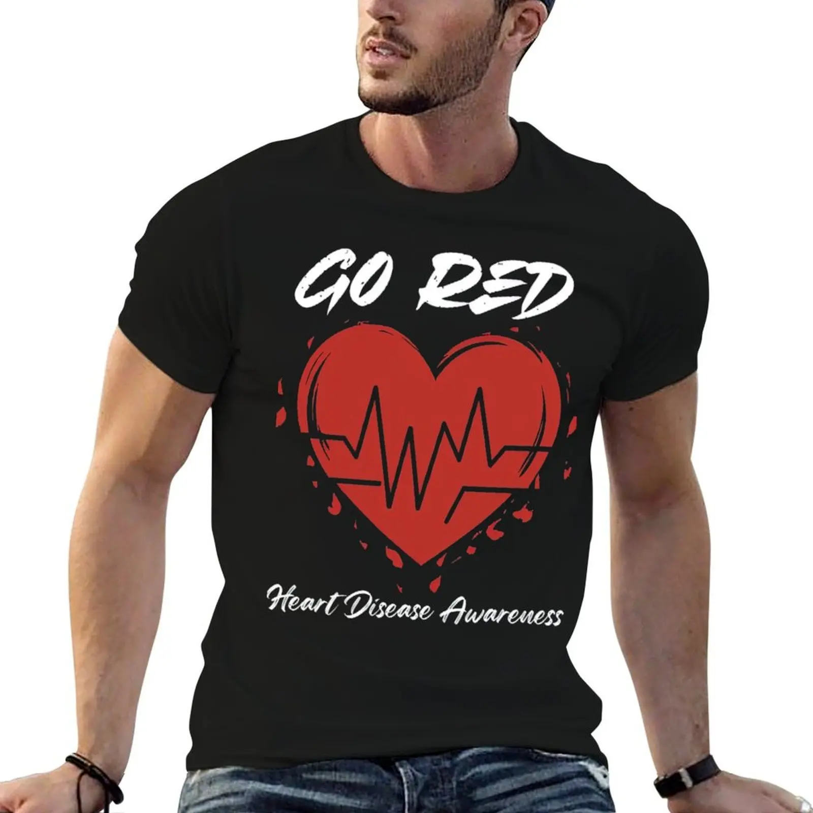 Go Red Heart Disease Awareness T-Shirt vintage graphic tee croswit shirt man Short sleeve tee men