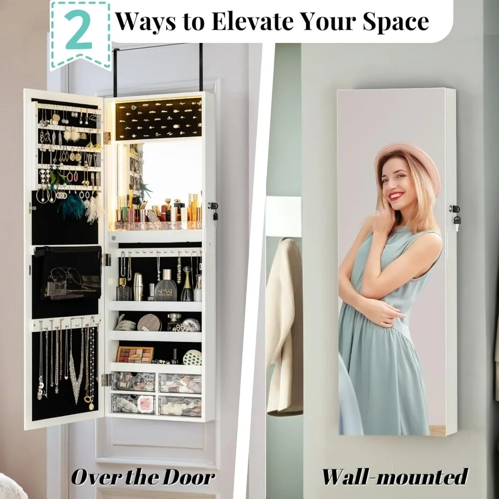 Mirror Jewelry Cabinet with LED Lights, Wall-Mount/Door-Hanging Full Length Mirror with Storage, Lockable Jewelry Armoire Mirror