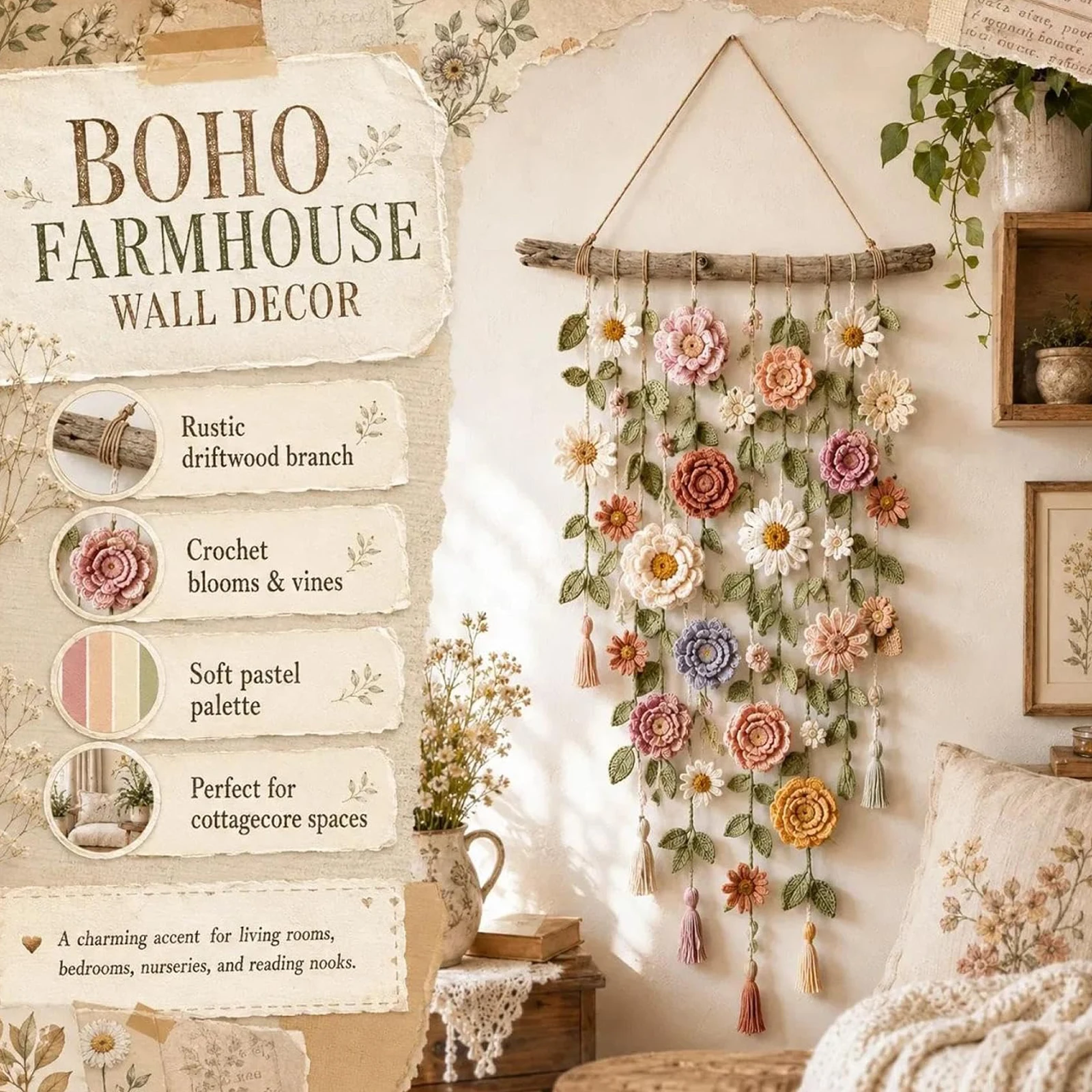 Handmade Cotton Floral Crochet - огляд і ціна Macrame Wall Hanging