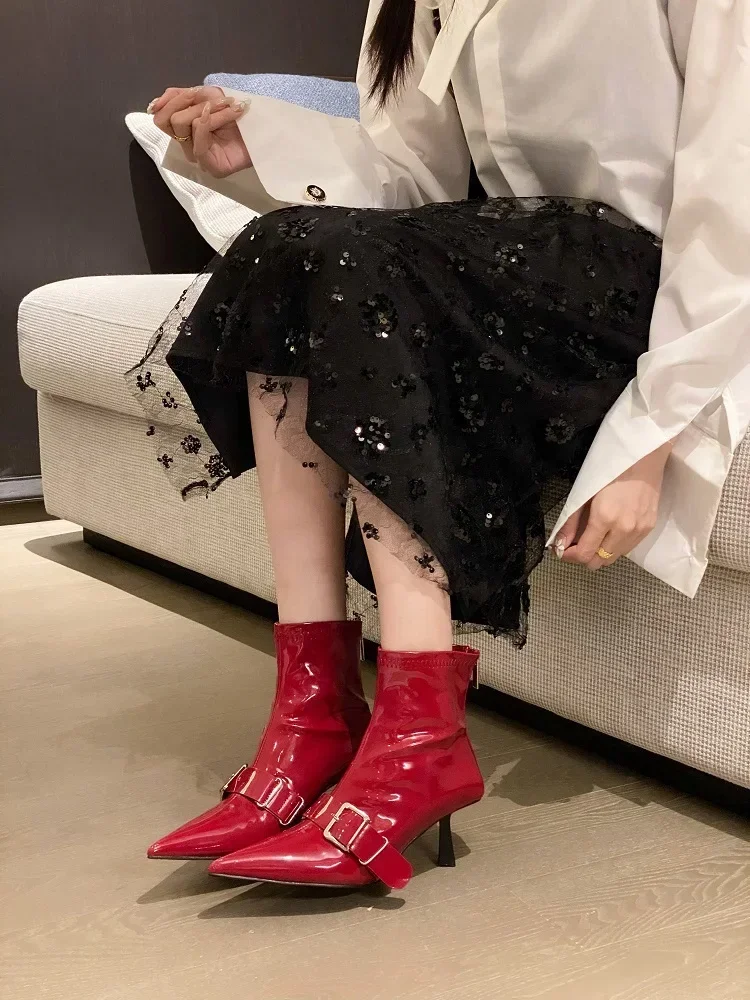 

Women's Metallic Leather Pointed Toe Buckle Strap Back Zipper Stiletto Heel Ankle Boots, Chic Party Fall Winter Footwear, Drop