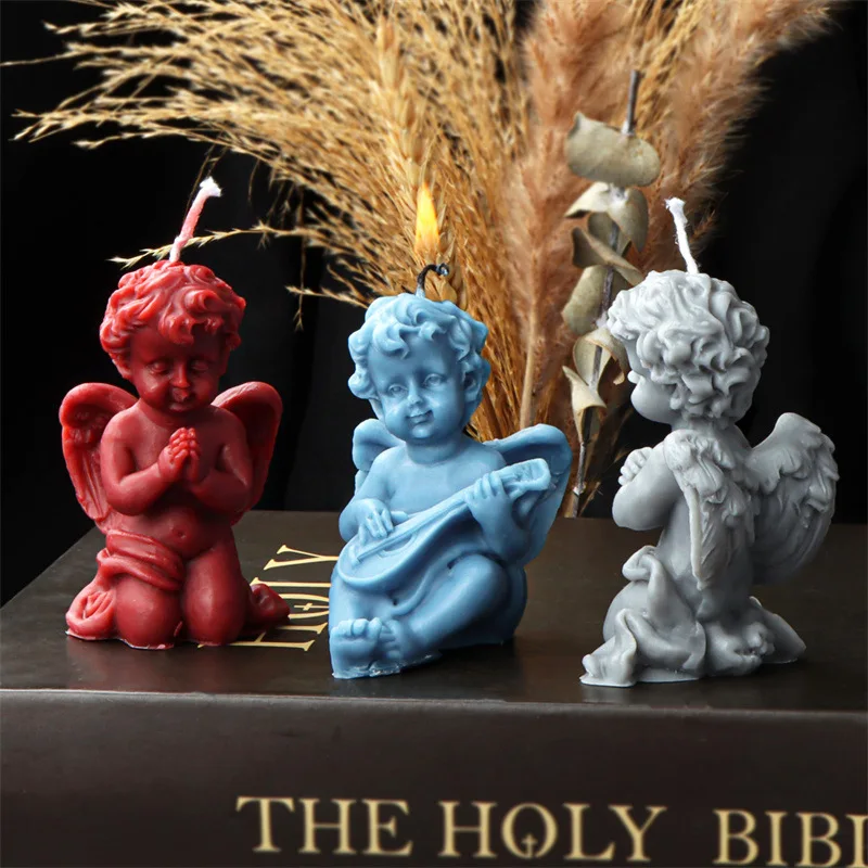 Molde de silicona 3D para velas, ángel arrodillado rezando con arpa, molde de resina para jabón, para arte de fragancia de escritorio, suministros artesanales angeliculares