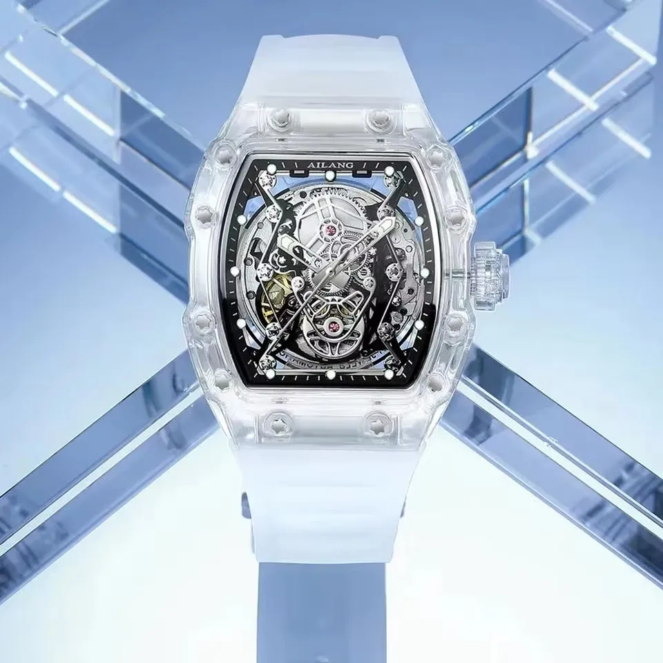 

Мужские наручные часы AILANG: модные спортивные водонепроницаемые часы с бочкообразным циферблатом, скелетонизированным дизайном, светящимися элементами и автоматическим механическим турбийоном