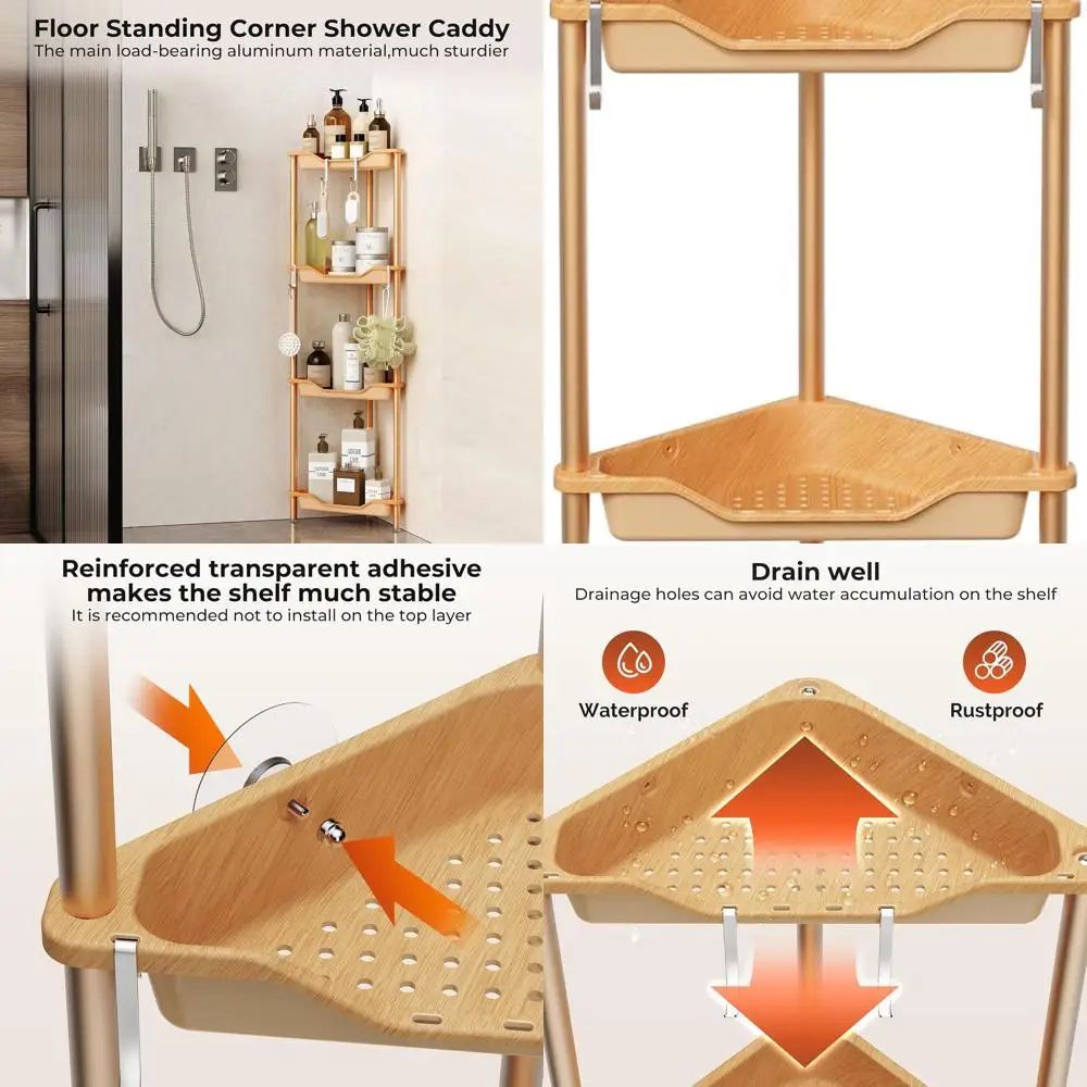 

4-Tier Corner Shower Caddy Organizer with Plastic and Aluminum Construction, Wood-Grain Finish for Bathroom Storage