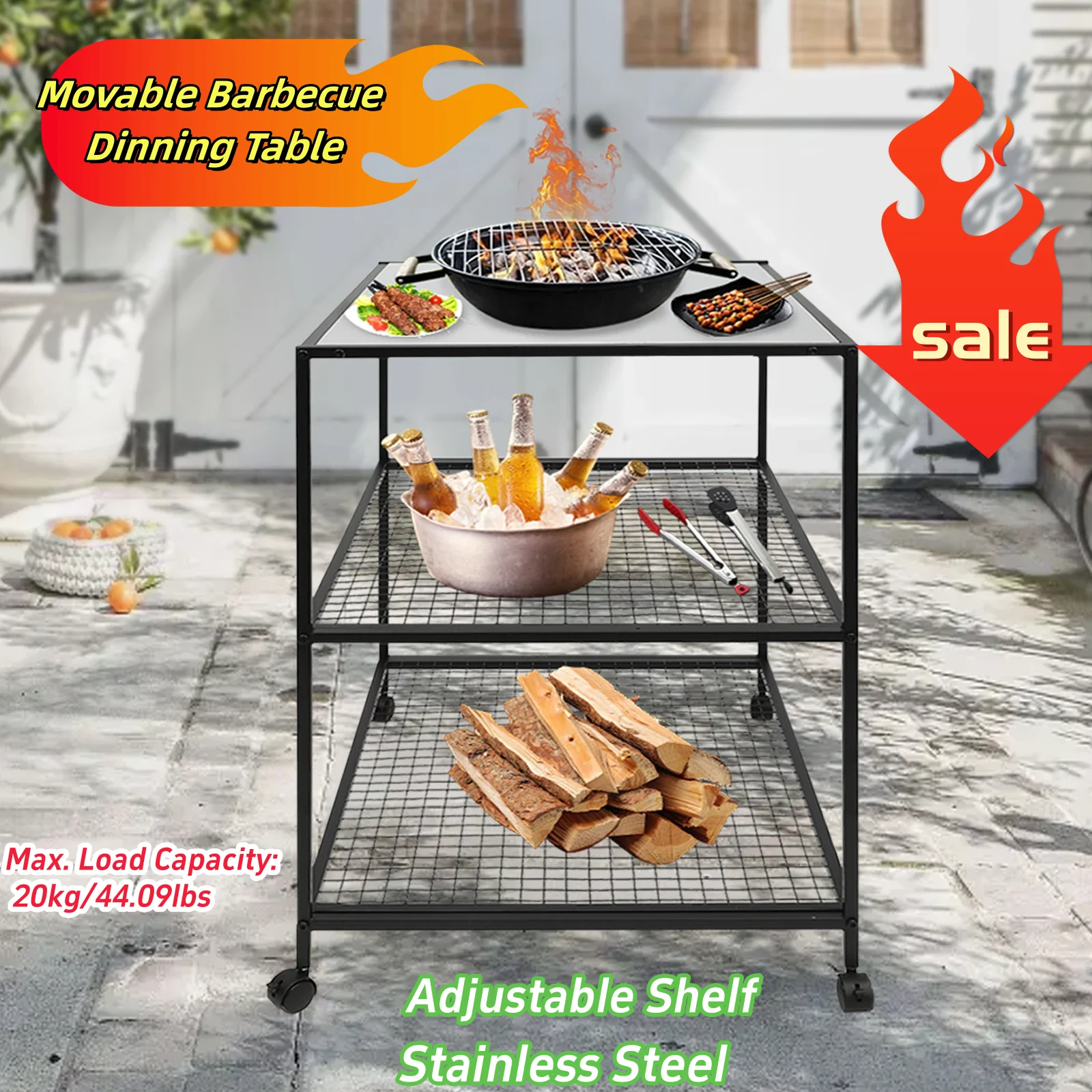 Movable Barbecue Dinning Table Grill Cart with Wheels for Kitchen Indoor Outdoor Garden