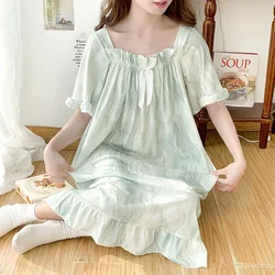 Plus Size Women Nightgown Summer Ice Silk Loose Sleep Dress Girl Squre Neck Short Sleeve Pajamas Home Clothes Loungewear 5XL