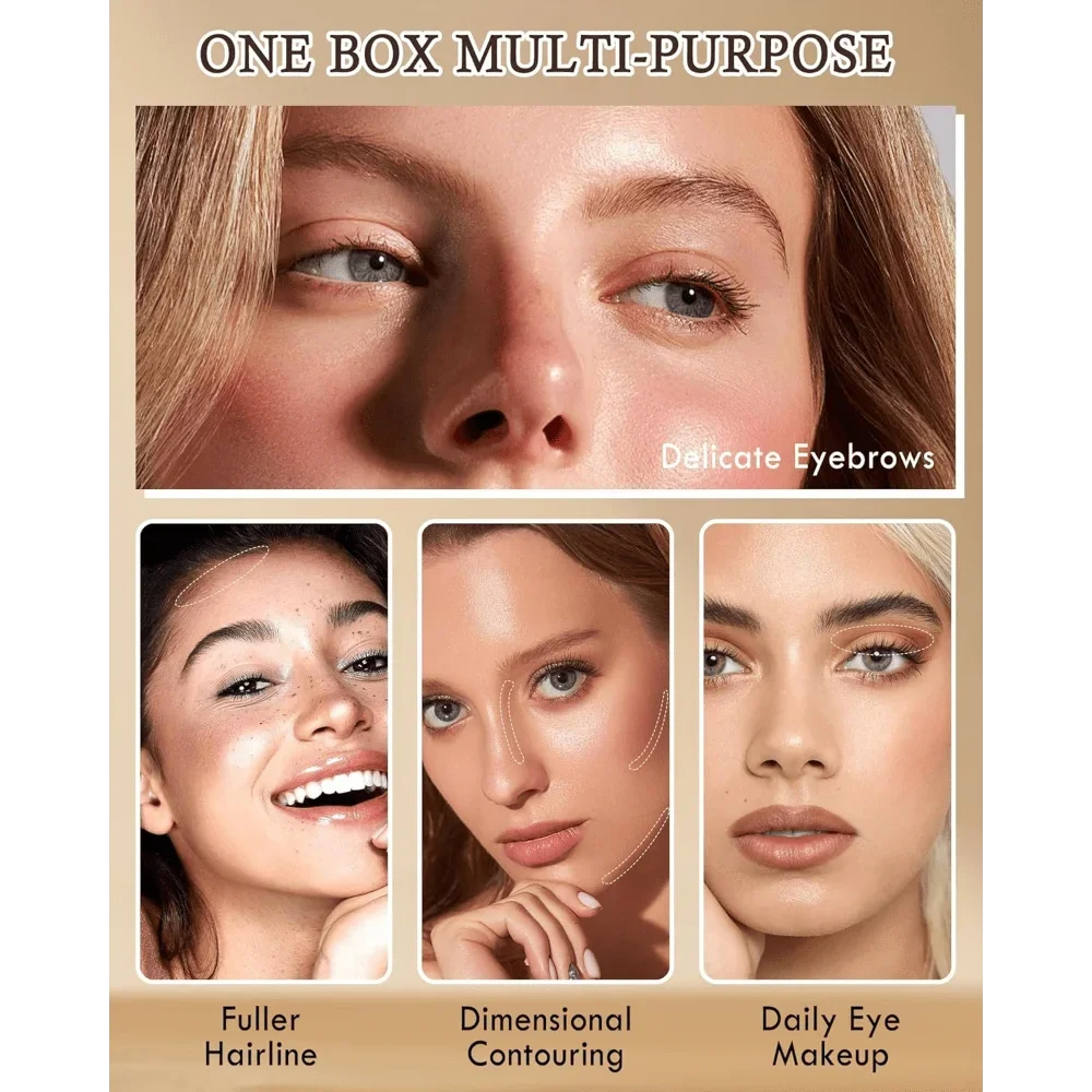 マット3色ブロウパウダーパレット（ブラシ付き）：3Dシェーピング、ウォータープルーフ＆ロングラスティング、冬やホリデーのルックに簡単にブレンドできます。